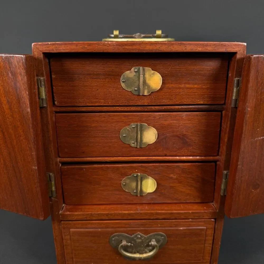 Vintage Chinese Dressing Case Jewelry Box Wood Brass Lined 4 Drawer